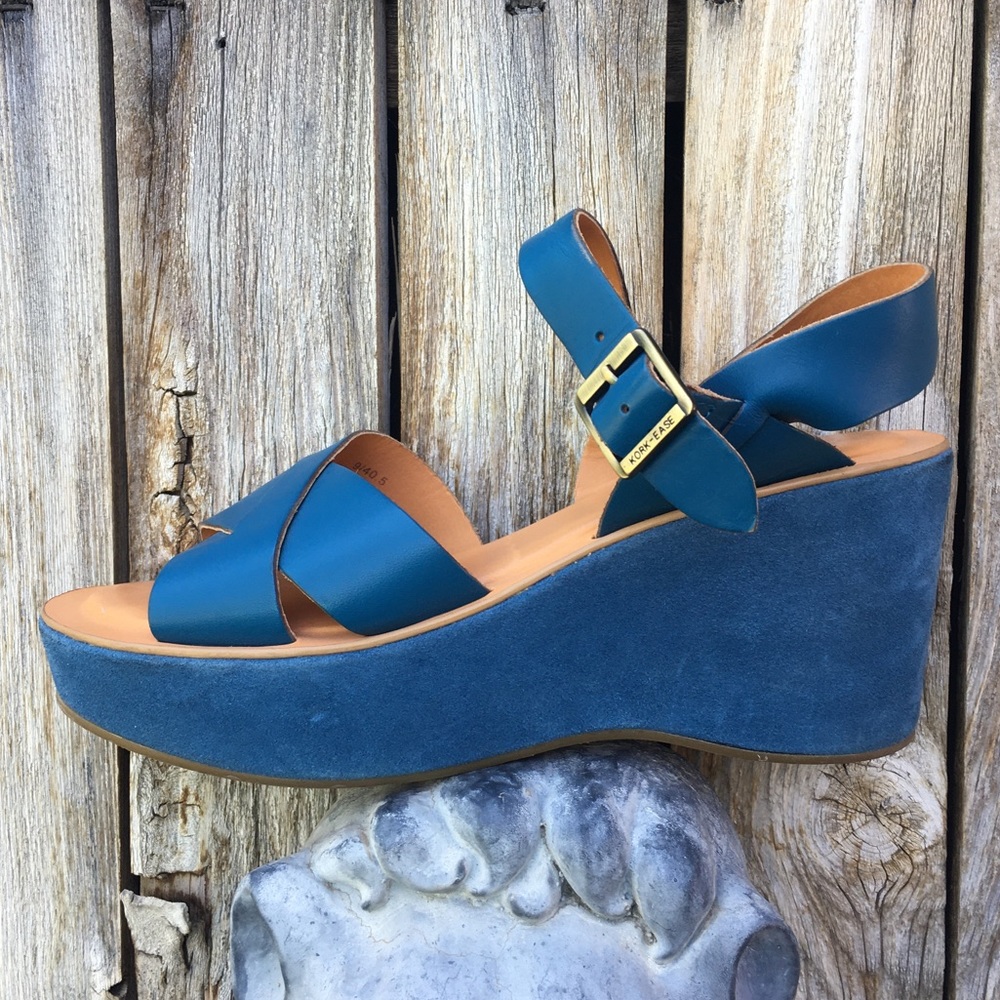 Kork-Ease Ava Platform Wedge Sandal Leather Suede Blue 9